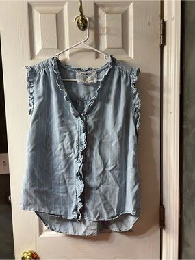 Cupio Light Blue Striped Ruffle-Trim Sleeveless 100% Lyocell Blouse Womens L